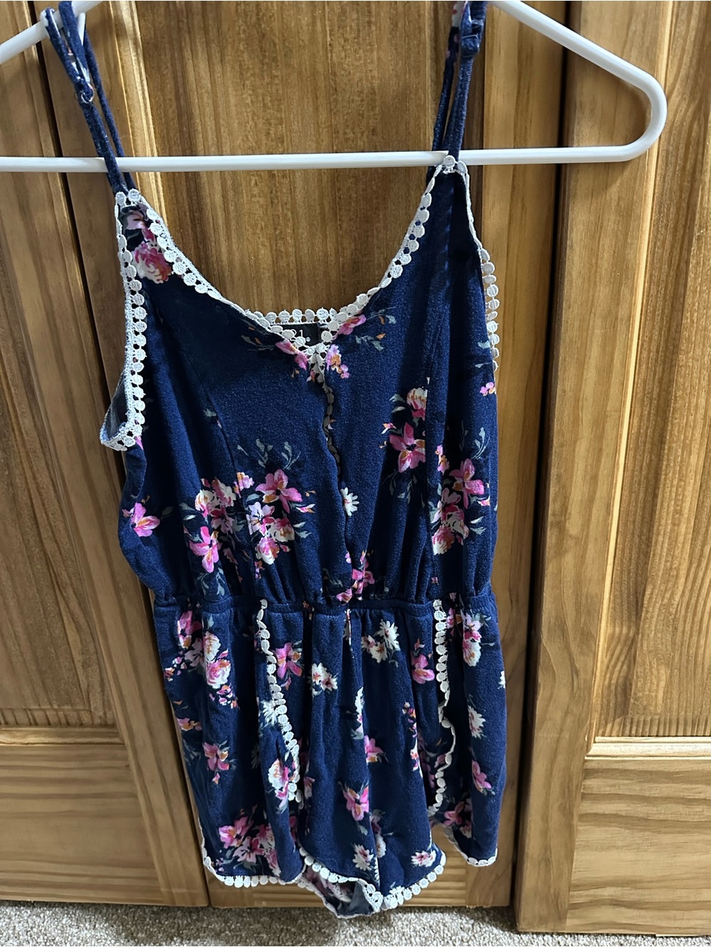 Rue21 Navy Floral Romper with Pink and White Accents
